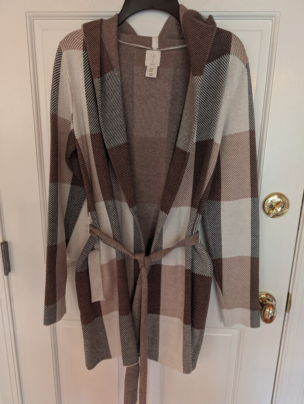 Women's Cozy JOIE Hooded Belted Sweater Coat Cardigan - Brown & Cream Plaid Sz M